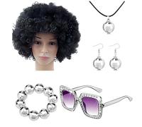 Générique Accessoires Disco des années 70 pour femmes,Bijoux Disco pour femmes des années 70,5 pièces accessoires de boule disco ensemble de costumes disco - Perruque afro, boucles d'oreilles,