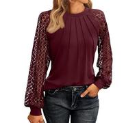 Générique Acheter en Ligne Blouse Chemisier Dentelle Manches Découpées Tee Shirt Manches Longues Couleur Unie Col Rond Chic Élégante Décontractée Vin