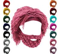 Générique Acrylic Punk Style Beanie - Novelty Beard Beanies & Knit Hats, with Attached Straight Hair Wig and Knitted Beard (Pink)