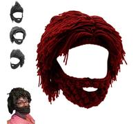 Générique Acrylic Punk Style Beanie with Attached Straight Hair Wig and Knitted Beard, Unisex Creative Beard Hat (Burgundy)