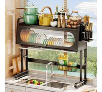 Générique Adjustable Over The Sink Dish Drying Rack with Cover, Expandable Large Dish Rack Drainer for Kitchen Storage Counter Above Sink Dish Rack, 3 Tier,Black-67Cm