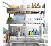 Générique Adjustable Stainless Steel Dish Rack Over Sink - High Capacity Dish Drainer Drying Rack with Cutlery Basket for Kitchen Countertop Organization,5355 52 70Cm Double Layer