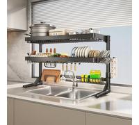 Générique Adjustable Stainless Steel Over Sink Dish Drainer, 1-Tier Gun Gray Storage Rack with Cabinet Doors, Space-Saving Kitchen Organizer for Countertops,5400 Gun Gray Full Set Double Lay