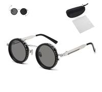 Générique Adjustable Tint Rounded Polarized Lenses Retro Sunglasses, with 1-9 Gear Control, Ideal for Beach & Outdoor Use (Silver)