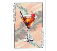 Générique Affiche cocktail Manhattan. Poster New York et statue de la liberté. Imprimé cocktail whisky, rouge, verre à cocktail, sans cadre. (40x60)