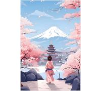 Générique Affiche geisha japonaise et cerisiers couleur pastel et note de rose. Poster studio Ghibli et Mont Fuji. Ghibli inspiration, sans cadre. (60x90)