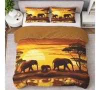 Générique Africain Éléphant Housse de Couette Animal Éléphant Herbe Coucher De Soleil Parure de Lit Literie Set Enfants Adultes 260 x 240 cm avec Taie d'oreiller Doux Décoration de Chambre, Orange