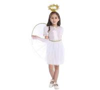 Générique Ange de Noel Deguisement Fille 3 Pièces avec Jupe Ailes et Halo, Costume Noel Ange Robe de Noël Fille 5-13 Ans pour Fête Carnaval Cosplay Noël Cadeau (01-Blanc, 5-7 Ans)