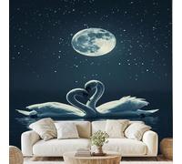 Générique Animal Cygne Blanc Papier Adhesif Lune Nuit Cygne Mural Ciel Étoilé Papier Peint 3D Effet 350x256 cm pour Salle de Bain Salon Chambre