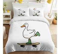 Générique Animal Dessin Animé Housse de Couette Mignon Canard Skateboard Parure de Lit Literie Set Enfants Adultes 200 x 200 cm avec Taie d'oreiller Doux Décoration de Chambre, Blanc