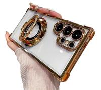 Générique Anti-Fall Four Corners Magnetic Phone Case with Invisible Ring Stand,Transparent Slim Phone Case for Samsung S25 Ultra, S24, S23, S22 Series (Gold,S25Ultra)