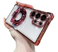 Générique Anti-Fall Four Corners Magnetic Phone Case with Invisible Ring Stand,Transparent Slim Phone Case for Samsung S25 Ultra, S24, S23, S22 Series (Pink,S25Ultra)