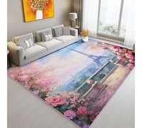 Générique Antidérapant Tapis 120 x 170 cm, Bleu Clair Anti-Sale Tapis à Poils Courts avec Style Peinture À l'huile Tour Eiffel Motif pour Salon Hôtel Hall d'entrée Terrasse Décor