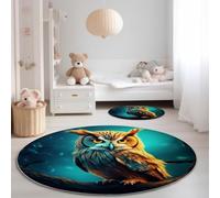 Générique Antidérapant Tapis Rond Bleu, 150 cm Lavable en Machine Flanelle Tapis avec Animaux Mystique Hibou Imprimé - Carpette pour Salon Coucher Chambre Cuisine Nurserie