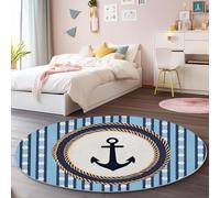 Générique Antidérapant Tapis Rond Lavable en Machine 150 cm - Rayures Voile Gaffes Tapis Rond Imprimé en Flanelle pour Salon Chambre d'enfant Décoration de Chambre, Bleu Clair
