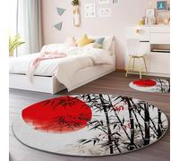 Générique Antidérapant Tapis Rond Lavable en Machine 150 cm - Style Chinois Peinture À L'Encre Bambou Tapis Rond Imprimé en Flanelle pour Salon Chambre d'enfant Décoration de Chambre, Blanc
