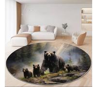 Générique Antidérapant Tapis Ronds 120 cm, Animaux Ours Forêt Thème Flanelle Lavable Tapis Ronds Gris Foncé - Convient pour Chambre à Coucher Salle à Manger Bureau Chambre d'enfant