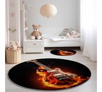 Générique Antidérapant Tapis Ronds 120 cm, Surréalisme Guitare Enflammée Thème Flanelle Lavable Tapis Ronds Noir - Convient pour Chambre à Coucher Salle à Manger Bureau Chambre d'enfant