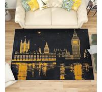 Générique Antidérapant Tapis Salon 120x180 cm Noir Tapis de Zone Moelleux à Flanelle Doux, Big Ben Doré Simple Lavable Poils Ras Chambre Moderne Doux - Entretien Facile