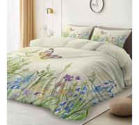 Générique Aquarelle Fleurs Papillons Parure de lit Réversible - Crème Set de Housse de Couette 220 x 240 cm avec 2 taies d'oreiller pour lit Standard 2 Personnes - Microfibre