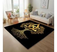 Générique Arbre Plantes Peinture Tapis pour Chambre 140x200cm Tapis Antidérapant Arbre de Vie Noir et Or Doux au Toucher Décoration pour Salon, Cuisine, Lavable en Machine Descente de Lit