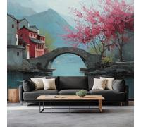Générique Architecture Chinoise Pont Arc Fleurs Cerisier Papier Peint Bleu Photo Peintures Murales, Salon Tv Canapé Thème Hôtel De Luxe Couloir Fond Mur Peinture Décor À La Maison 200 x 140 cm
