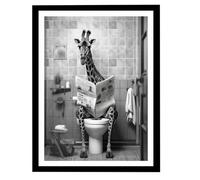 Générique Art mural drôle de salle de bain, girafe noire et blanche dans les toilettes, impression sur toile, décoration murale, humour animal, décoration murale de salle de bain, 30 x 40 cm