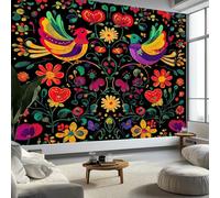 Générique Art Papier Peint Intissé Folklore Américain Oiseau Coloré Floral Muraux Tapisserie Photo Décoration Murale, Papier Peint 400x280 cm Salon Chambre Bureau Couloir Peinture Murale Décor, Noir