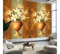 Générique Art Papier Peint Intissé Vintage Vase Lys Muraux Tapisserie Photo Décoration Murale, Papier Peint 350x256 cm Salon Chambre Bureau Couloir Peinture Murale Décor, Or