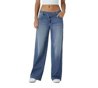 Générique Asymmetrical Low Rise Baggy Jeans for Women, Washed Straight Wide Leg Denim Pants with Pockets Casual Streetwear