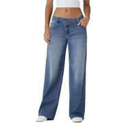 Générique Asymmetrical Low-Rise Loose Jeans for Women, Wide Leg Baggy Straight Boyfriend Denim Pants Washed Casual Streetwear