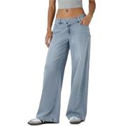 Générique Asymmetrical Low-Rise Loose Jeans for Women, Wide Leg Baggy Straight Boyfriend Denim Pants Washed Casual Streetwear