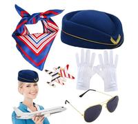 Générique Attendant Uniform Accessories Costume Set | Brooch Sunglasses Gloves Airplane Badge Beret Blue Red White Striped Silk Scarf Masquerade Party Supplies for Women Men