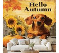 Générique Automne Rustique Chien Teckel Papier Adhesif Fleurs Citrouille Feuille D'Érable Mural Rétro Nature Papier Peint 3D Effet 350x256 cm pour Salle de Bain Salon Chambre