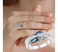 Générique Bague de couple Mariage Saint-Valentin Bague femme rétro créative nouvelle Zircon bleu mer creuse en forme de X pour cadeau (Silver, 6)