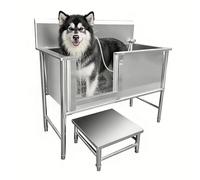 Générique Baignoire Toilettage Chien Station de Bain Acier Inoxydable 120cm, Lavage Professionnelle avec Porte Gauche, Table de Animaux de Compagnie, Douche Surélevée avec Mitigeur et Marchepied