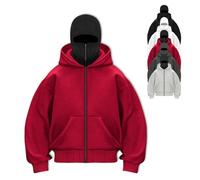 Générique Balaclava Hoodie, Balaclava Zip Hoodie,Double Hooded Zip Jacket Wind, Resistant Winter Hoodies for Men'S & Women'S (red,S)