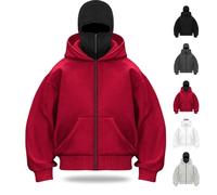 Générique Balaclava Hoodie Zipper, Double Hooded Zip Jacket Wind-resistant Winter Hoodies for Men,Pullover Hooded Sweatshirt (Red,TG)
