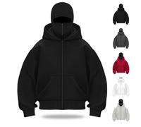 Générique Balaclava Hoodie Zipper, Double Hooded Zip Jacket Wind-resistant Winter Hoodies for Men,Pullover Hooded Sweatshirt (Black,Grand)