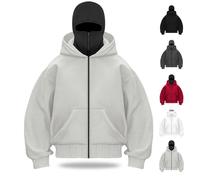 Générique Balaclava Hoodie Zipper, Double Hooded Zip Jacket Wind-resistant Winter Hoodies for Men,Pullover Hooded Sweatshirt (Light Grey,TTG)