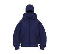 Générique Balaclava Ninja Zipper Hoodie With Built In Balaclava, Double Hooded Jacket Hoodie With Mask, Wind-Resistant Winter Hoodies (Navy blue (zipper),TG)