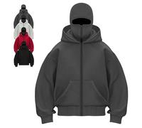 Générique Balaclava Ninja Zipper Hoodie With Built In Balaclava,Double Hoodie Jacket With Mask,Winter Hoodies For Unisex (Dark Gray-Zipper,Grand)