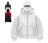 Générique Balaclava Ninja Zipper Hoodie With Built In Balaclava,Double Hoodie Jacket With Mask,Winter Hoodies For Unisex (White-Zipper,Grand)