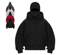 Générique Balaclava Ninja Zipper Hoodie With Built In Balaclava,Double Hoodie Jacket With Mask,Winter Hoodies For Unisex (Black-Zipper,Grand)