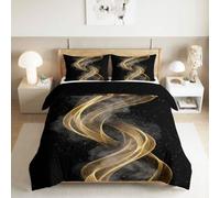 Générique BanAbstraite Et Dorée Housse de Couette 200 x 200 cm avec 2 Taies | Ruban Fluide 3D Parure de Lit Enfant Adulte 2 Personnes, Sets de Housse Couette en Microfibr Décoloration