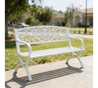 Générique Banc de Terrasse 128cm Banc de Jardin Extérieur 2 Personnes Cadre en Métal Banquette de Parc avec Accoudoirs et Dossier Banquette Extérieur Résistant Aux Intempéries(White)