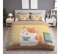 Générique Bande Dessinée Chat Thé Au Lait Table - Parure de lit - 3 Piezas,Jaune Microfibra Housse Couette 150 x 200 y Taie d'oreiller 65 x 65(2) - Housse Couette avec Fermeture Éclair