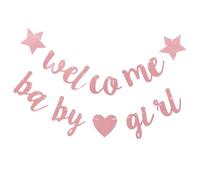Générique Bannière Suspendue Bienvenue Fille pour Shower, Décoration Party en Papier et Polyester, 1set Étoiles et Cœurs Rose pour Fête Naissance