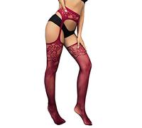 générique Bas Sexy Femmes Dentelle Résille Transparent Bas Résille Sexy Noir Collants Bas Lingerie Tentation Net Lot de Bandeau (Wine, One Size)