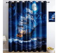 Générique Bateaux De Mer Rideau Thermiques Occultant Lot De 2 Enfant Imprime 3D Chambre Salon Décoration Draperies Opaque À Oeillets Anti Froid Anti Bruit Rideau 150X166 Cm (Lxh)